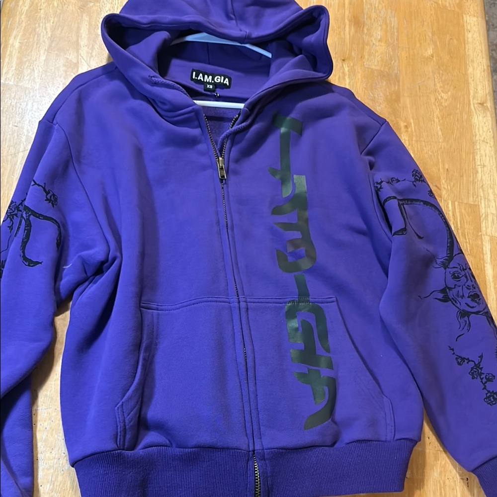 Purple Zip-Up Hoodie Jacket with Hood and Graphics